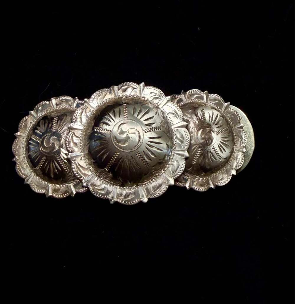 Vintage Western Hand-Engraved Triple Concho Brooch, 3.5", Marked, Silver Tone